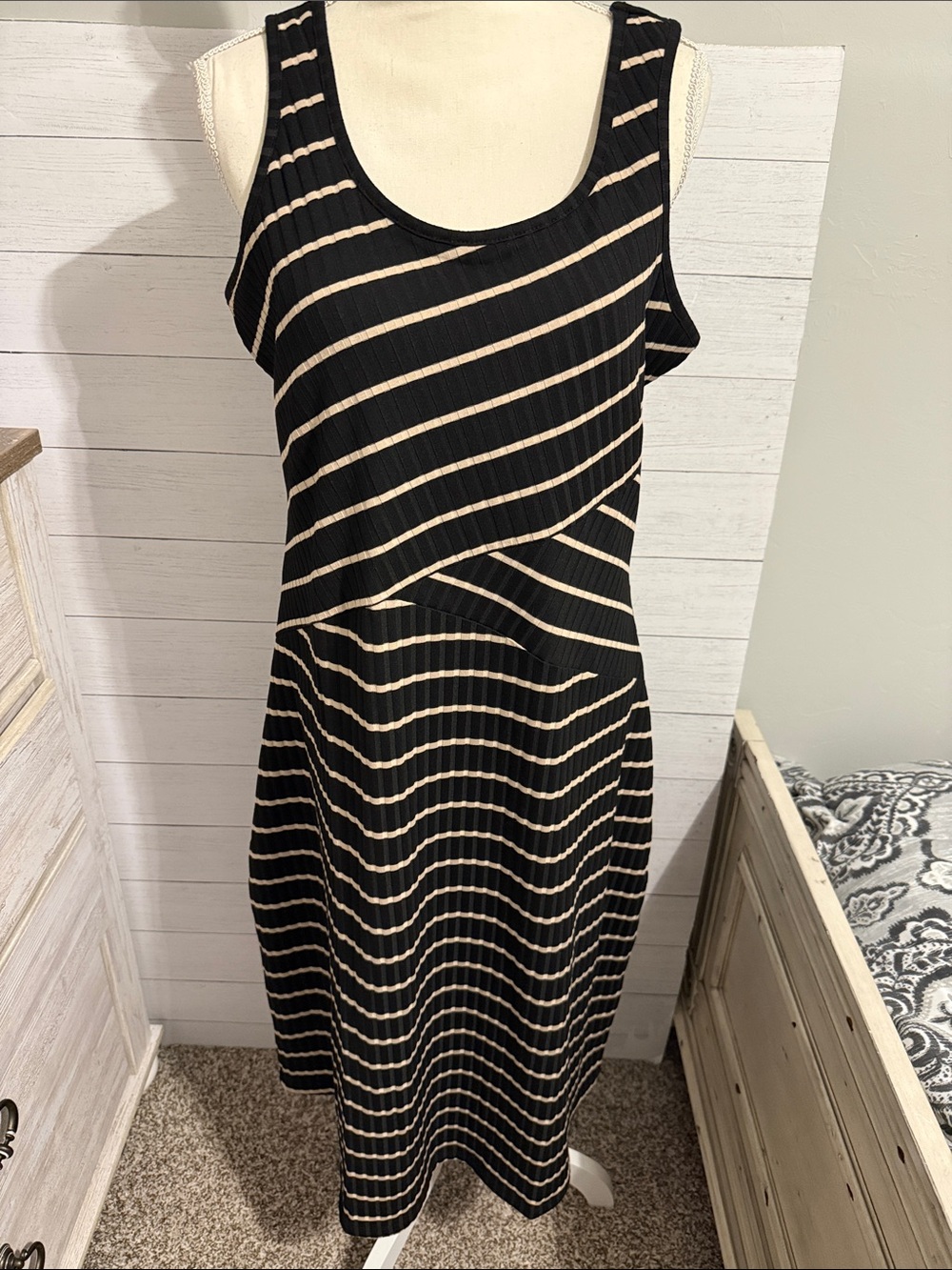 Maurices Black and Cream Striped Sleeveless Maxi Dress